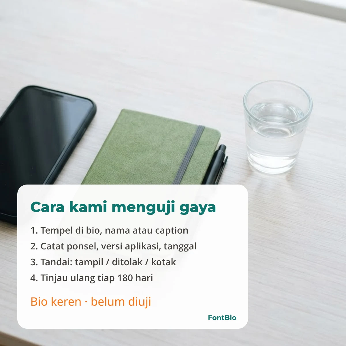 Cara FontBio menguji gaya huruf: tempel, catat perangkat dan versi, tandai hasilnya